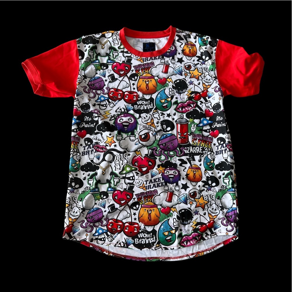 RB Royal Blue Size Large Cartoon Graffiti Print Jersey T-shirt Short Red Sleeve